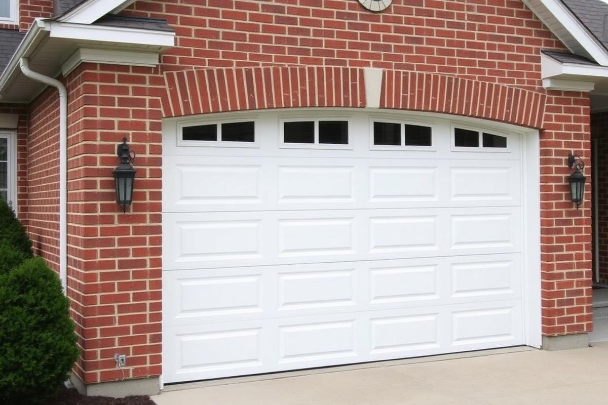 New white insulated garage door with windows on a brick home