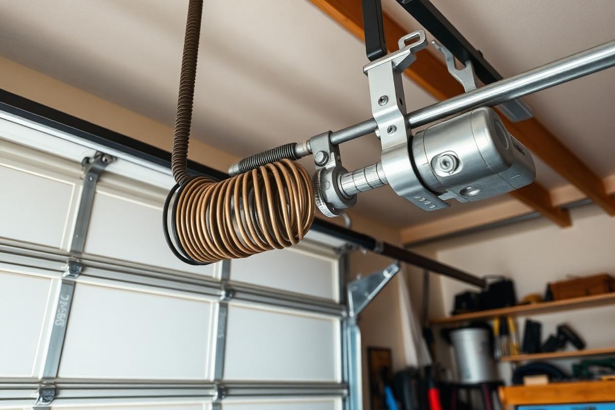 Garage door spring and track hardware inside a residential garage